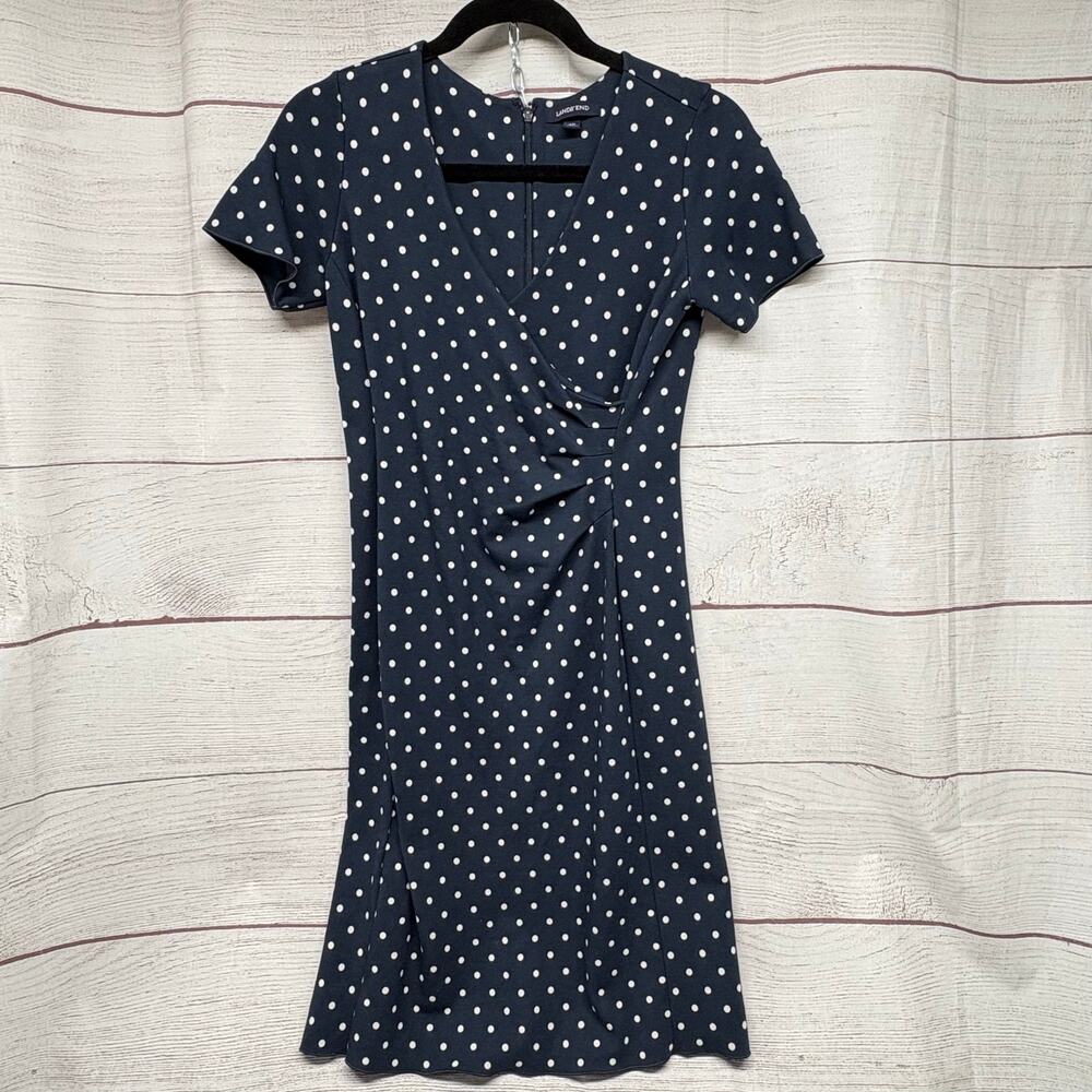 Lands' End Navy Blue Polka Dot Faux Wrap Dress Size 4P Petite Short Sleeve